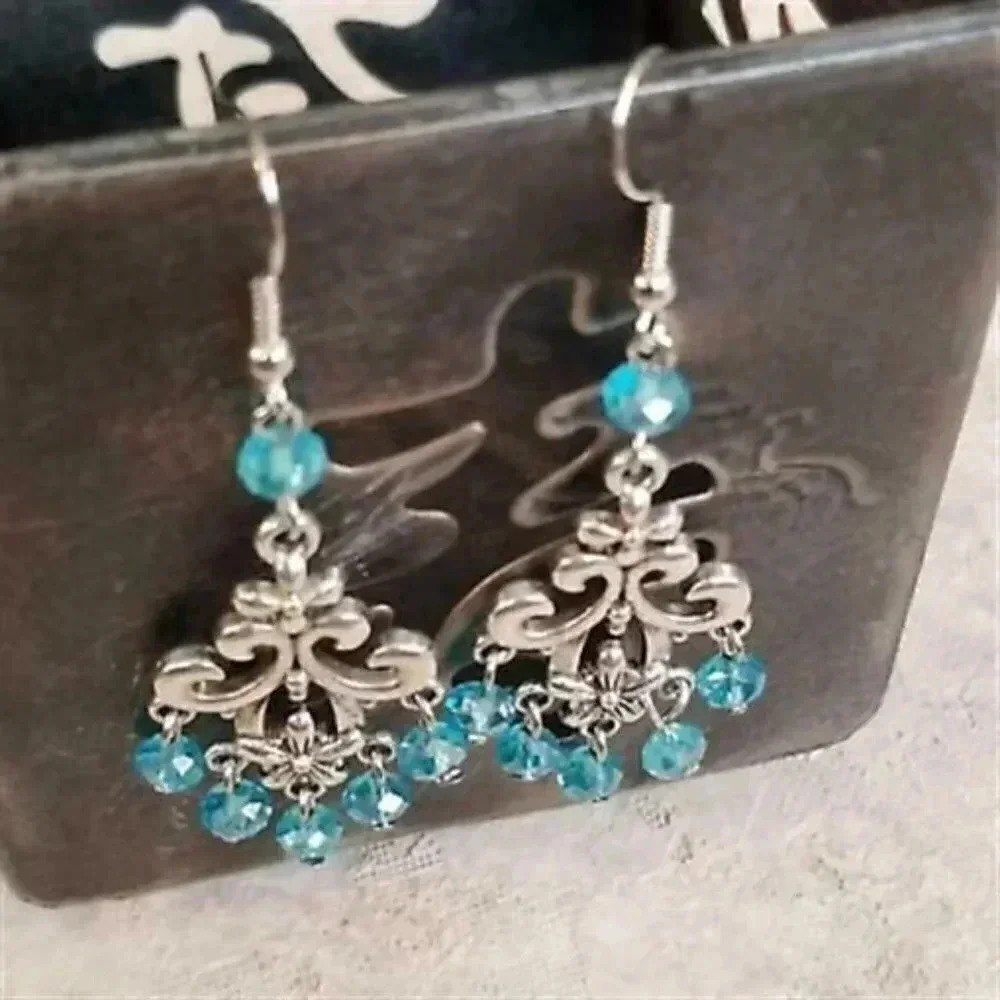 Victorian Blue Faceted Crystal Art Nouveau Silver Scroll Chandelier Earrings